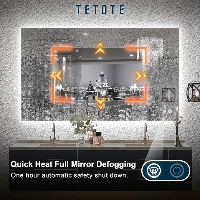 TETOTE 40 x 24 Inch LED Backlit Bathroom Vanity Mirror with Light,Anti-Fog,Dimmable,CRI90+,Touch Button,Water Proof,Horizontal/Vertical,Wall Mounted Lighted Mirror