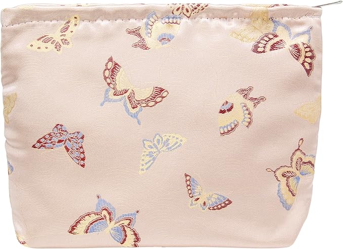 Makeup Bag Large Cotton Zipper Pouch for Purse Travel Canvas Make Up Organizer for Women Cosmetic,Butterfly Pink