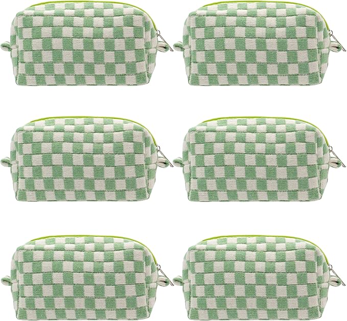 PAZIMIIK Checkered Makeup Bag for Purse Portable Zipper Make Up Pouch Small Cosmetic Case for Travel Accessories (6PCS Light Green)