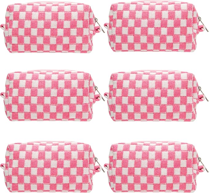 PAZIMIIK Checkered Makeup Bag for Purse Portable Zipper Make Up Pouch Small Cosmetic Case for Travel Accessories (6PCS Pink White)