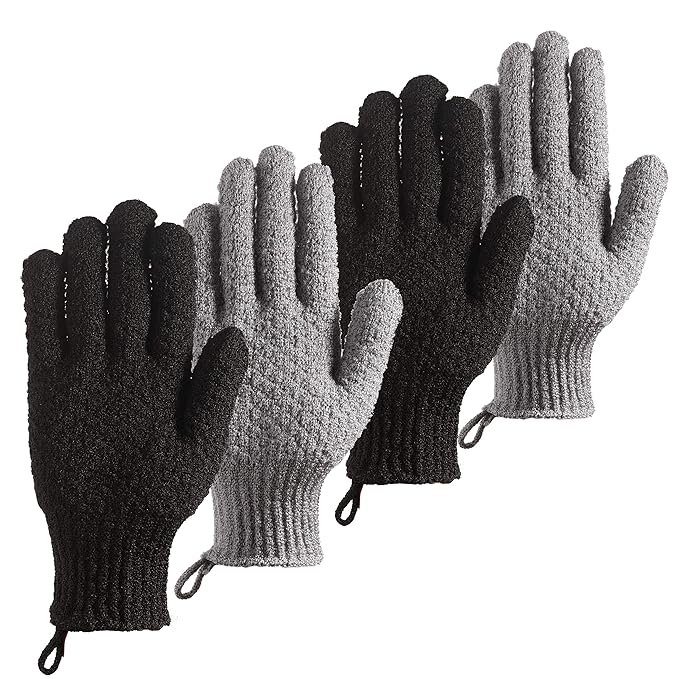 Bath Exfoliating Gloves Scrub - 4 Pcs (2Pairs) Lengthened and Large Exfoliating Scrubbing Gloves for Shower, Spa, Massage - Scrub Exfoliating Mitts for Body, Face, Hand and Foot (black and gray)