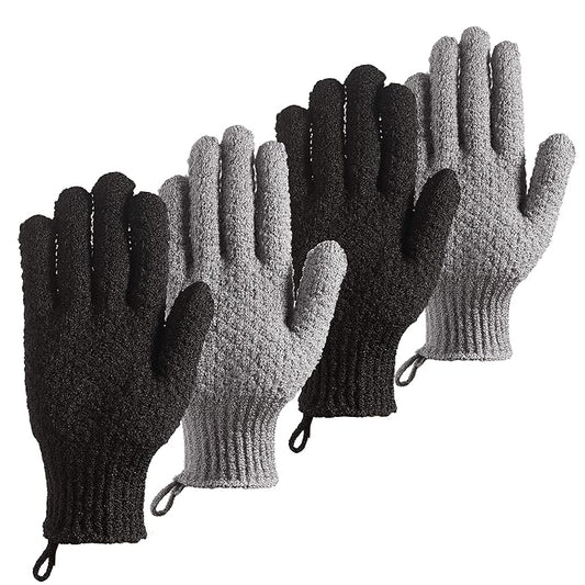 Bath Exfoliating Gloves Scrub - 4 Pcs (2Pairs) Lengthened and Large Exfoliating Scrubbing Gloves for Shower, Spa, Massage - Scrub Exfoliating Mitts for Body, Face, Hand and Foot (black and gray)