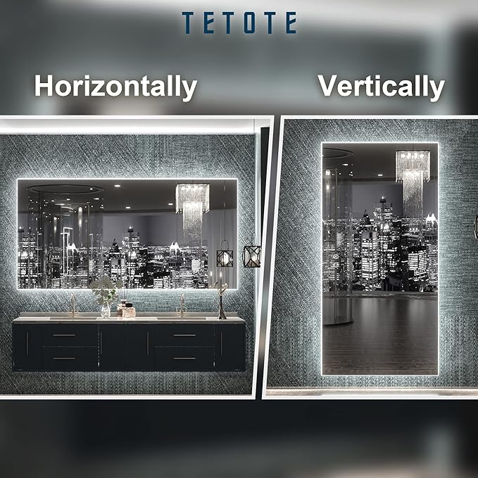 TETOTE 48 x 24 Inch LED Backlit Mirror Bathroom with Light,Anti-Fog,Dimmable,CRI90+,Makeup Vanity Mirror,Lighted Mirror(Horizontal/Vertical)