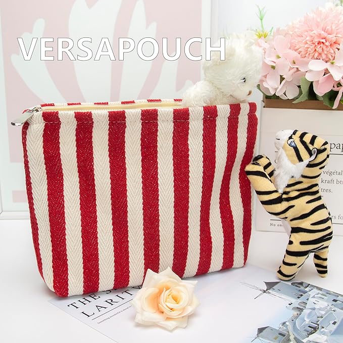 PAZIMIIK Makeup Bag Large Cotton Zipper Pouch for Purse Travel Canvas Make Up Organizer for Women Cosmetic,Stripe Red