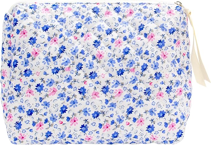 PAZIMIIK Quilted Makeup Bag Large Travel Zipper Soft Cosmetic Pouch for Women Girls Make Up,Floral Blue