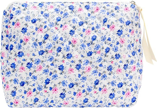 PAZIMIIK Quilted Makeup Bag Large Travel Zipper Soft Cosmetic Pouch for Women Girls Make Up,Floral Blue