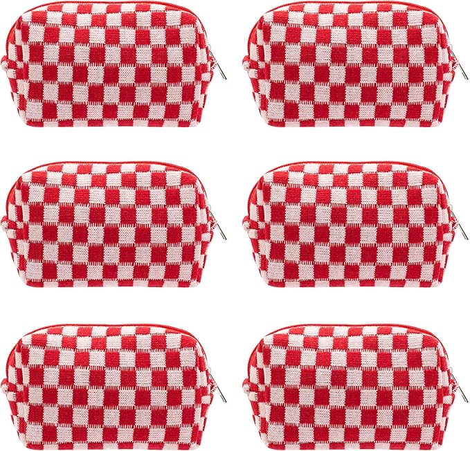 PAZIMIIK Checkered Makeup Bag for Purse Portable Zipper Make Up Pouch Small Cosmetic Case for Travel Accessories (6PCS Red)