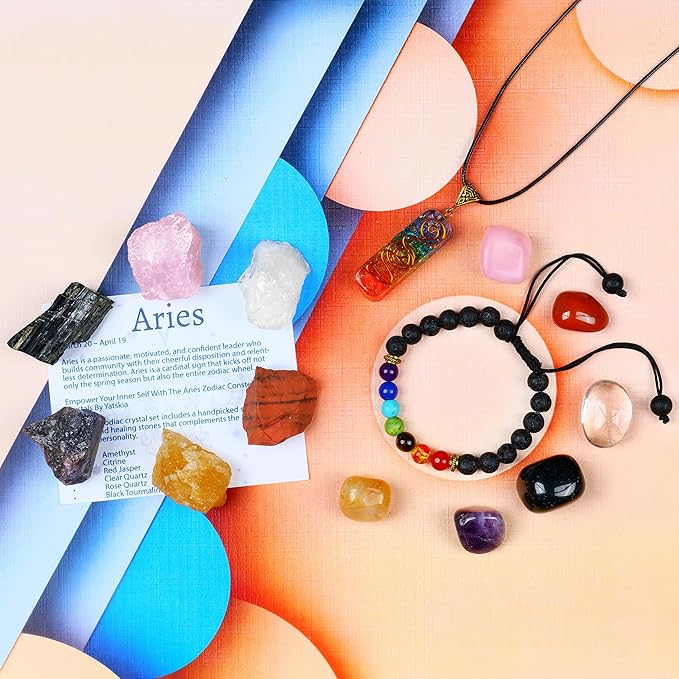NARIBABU Aries Crystals and Stones - Zodiac Gift - Aries Astrology Decor - Zodiac Healing Crystals Set - Aries Horoscope Gifts - Astrology Gifts for Women
