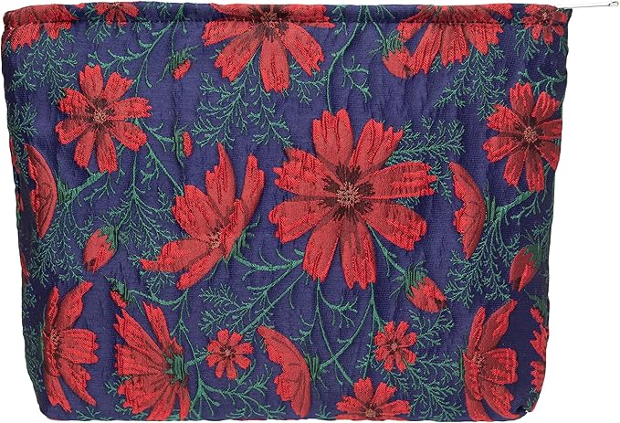 PAZIMIIK Makeup Bag Large Cotton Zipper Pouch for Purse Travel Canvas Make Up Organizer for Women Cosmetic,Brocade Navy Blue