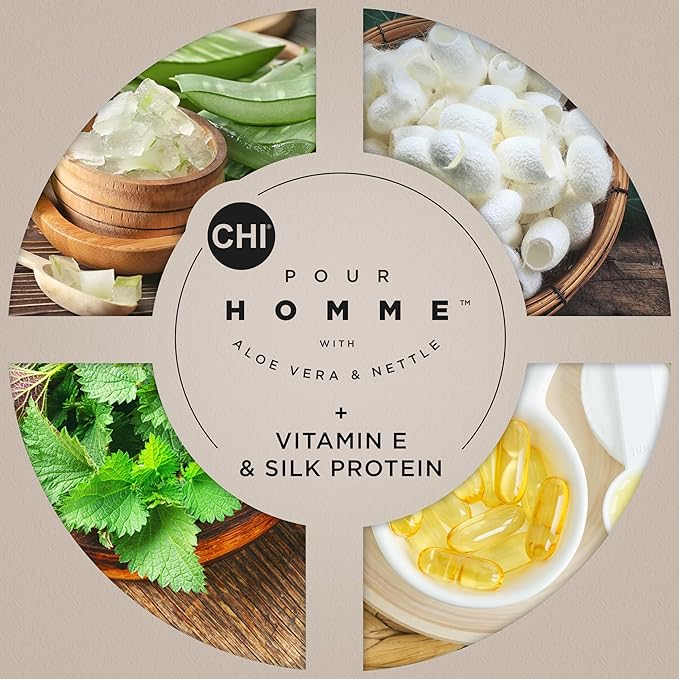 CHI Pour Homme Pomade for Men, Light Hold Hair Product For Medium Shine & Polished Styles, Made With Aloe Vera & Nettle, Fresh, Woody Scent, 6 oz