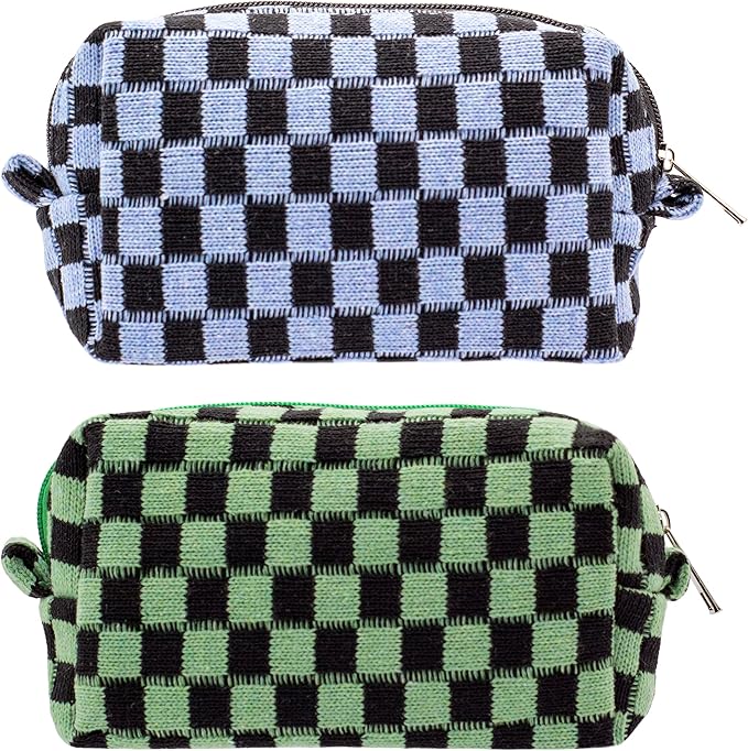 PAZIMIIK Checkered Makeup Bag for Purse Portable Zipper Make Up Pouch Small Cosmetic Case for Travel Accessories (2PCS Green Blue)