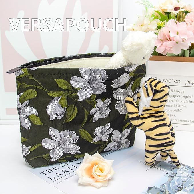 PAZIMIIK Makeup Bag Large Cotton Zipper Pouch for Purse Travel Canvas Make Up Organizer for Women Cosmetic,Brocade Floral Black