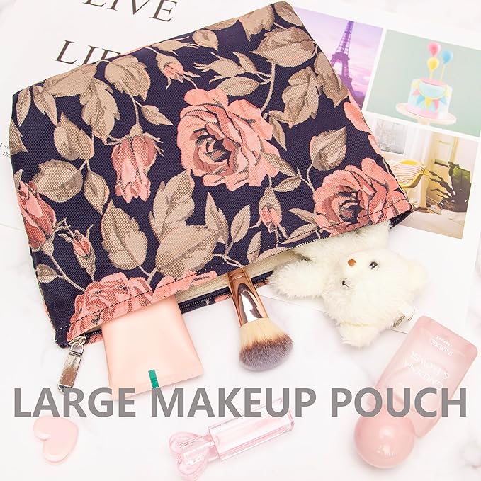PAZIMIIK Makeup Bag Large Cotton Zipper Pouch for Purse Travel Canvas Make Up Organizer for Women Cosmetic,Rose Black Blue