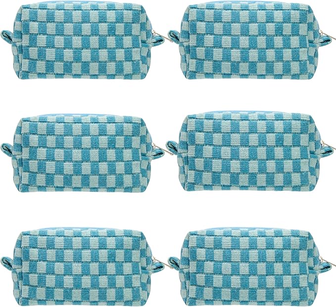 PAZIMIIK Checkered Makeup Bag for Purse Portable Zipper Make Up Pouch Small Cosmetic Case for Travel Accessories (6PCS Lake Blue)