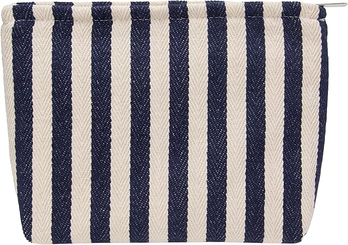 PAZIMIIK Makeup Bag Large Cotton Zipper Pouch for Purse Travel Canvas Make Up Organizer for Women Cosmetic,Stripe Navy Blue
