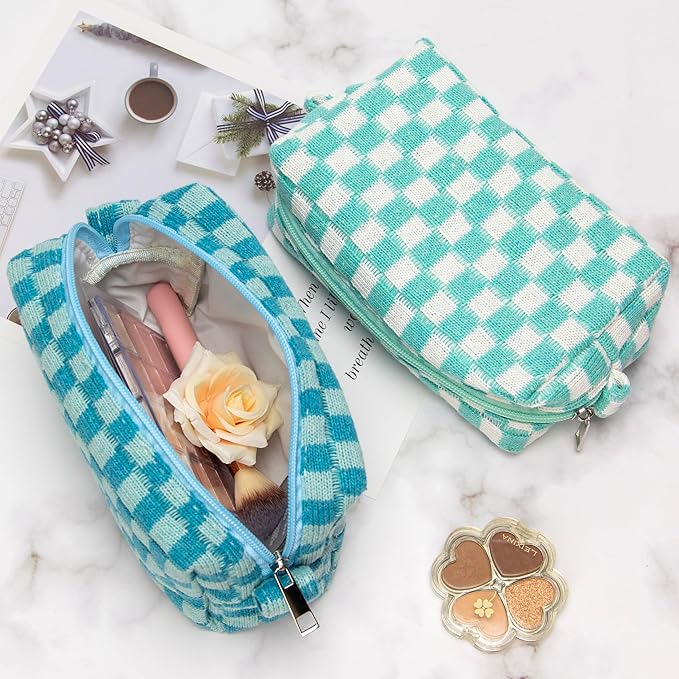 PAZIMIIK Checkered Makeup Bag for Purse Portable Zipper Make Up Pouch Small Cosmetic Case for Travel Accessories Arctic Blue