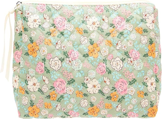 PAZIMIIK Quilted Makeup Bag Large Travel Zipper Soft Cosmetic Pouch for Women Girls Make Up,Green Flower