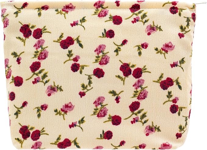 PAZIMIIK Makeup Bag Large Zipper Corduroy Make Up Pouch for Purse Travel Canvas Cosmetic Organizer for Women Brush Storage,Vintage Rose Beige