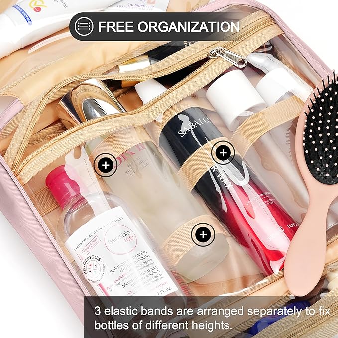 Travel Hanging Toiletry Bag for Women and Men, with 8 Leak Proofing Silicone Bottle Covers, Waterproof Makeup Accessories, Cosmetic Essentials, Cruise Ship Toiletries Bag with Jewelry Organizer, Pink