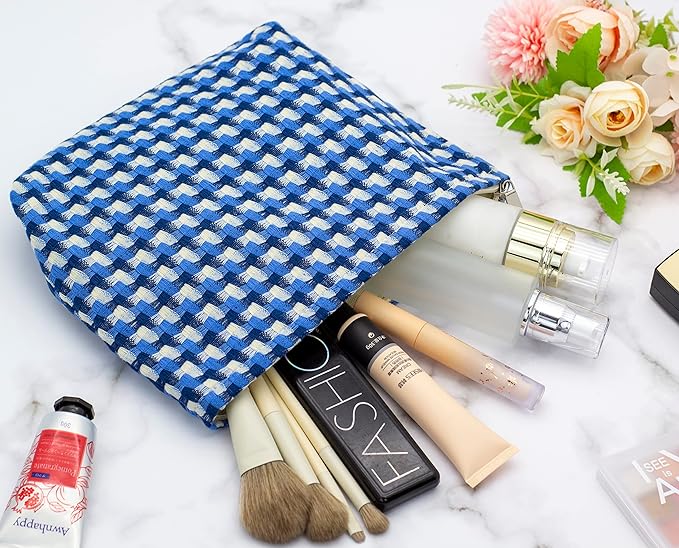 Makeup Bags for Purse Zipper Cosmetic Pouch Large Travel Canvas Make Up Organizer Tool Pouch for Women and Girls,Grid Blue