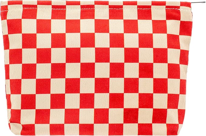 PAZIMIIK Makeup Bag Large Zipper Corduroy Make Up Pouch for Purse Travel Canvas Cosmetic Organizer for Women Brush Storage,Checkered Red
