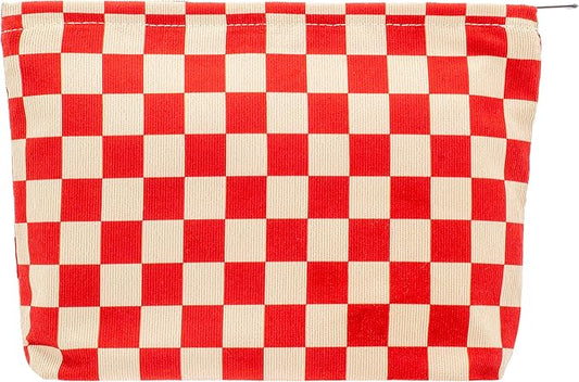 PAZIMIIK Makeup Bag Large Zipper Corduroy Make Up Pouch for Purse Travel Canvas Cosmetic Organizer for Women Brush Storage,Checkered Red