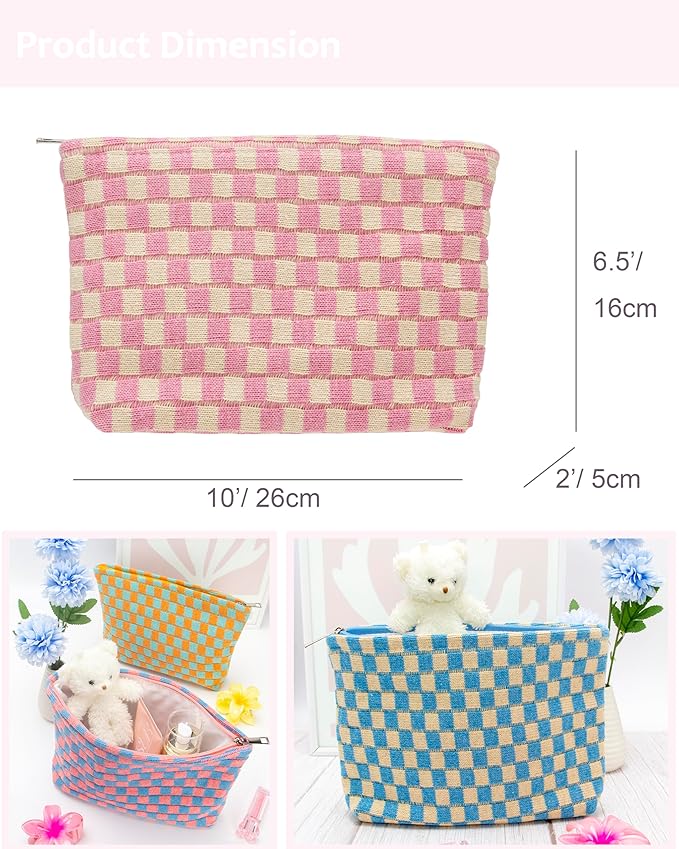 Knitted Checkered Makeup Bag Large Zipper Make Up Accessory Pouch for Purse Cosmetic Brush Bag for Travel Essential Pink Beige