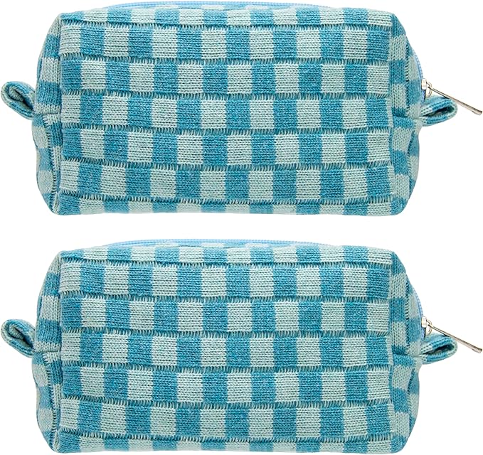 PAZIMIIK Checkered Makeup Bag for Purse Portable Zipper Make Up Pouch Small Cosmetic Case for Travel Accessories (2PCS Lake Blue)
