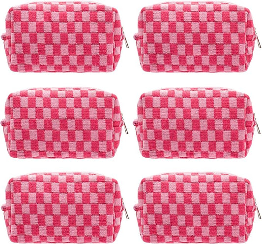 PAZIMIIK Checkered Makeup Bag for Purse Portable Zipper Make Up Pouch Small Cosmetic Case for Travel Accessories (6PCS Hotpink)