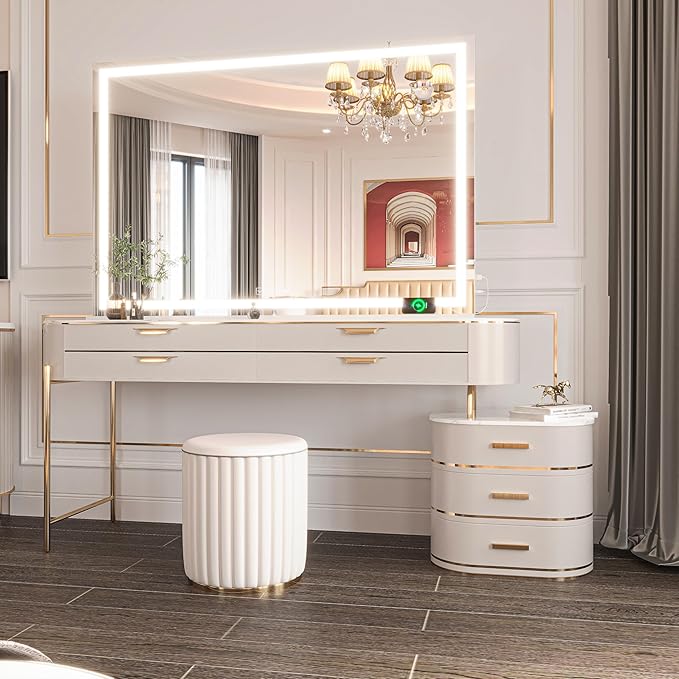 Hasipu Vanity Mirror with Lights and Bluetooth Speaker, 50" x 33.9" LED Makeup Mirror, Lighted Makeup Mirror with Dimmable 3 Modes, Touch Screen Control Vanity Mirror Square White