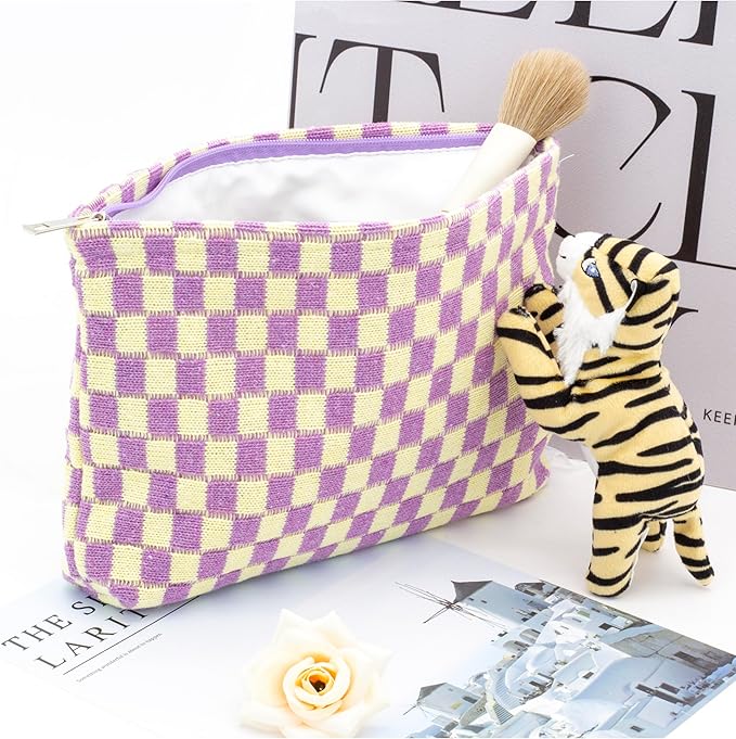 PAZIMIIK Knitted Checkered Makeup Bag Large Zipper Make Up Accessory Pouch for Purse Cosmetic Brush Bag for Travel Essential,Purple