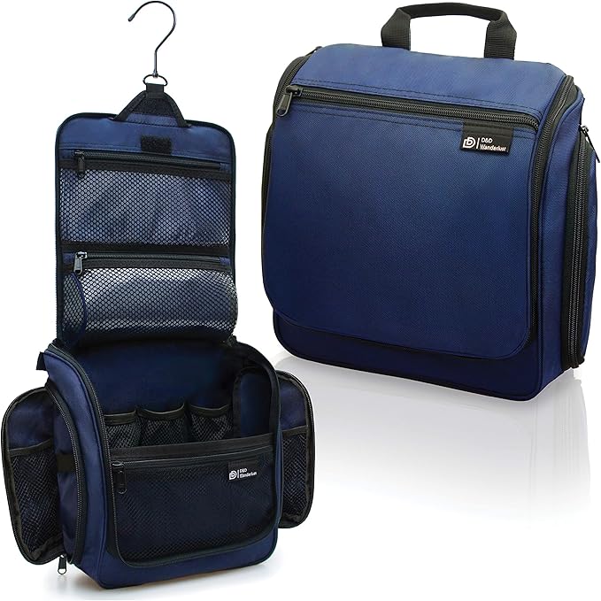 D&D Hanging Travel Toiletry Bag for Men and Women – Large Cosmetics, Makeup and Toiletries Organizer Kit with 10 Compartments, YKK Zippers, XXL Metal Swivel Hook, Water-Resistant Nylon