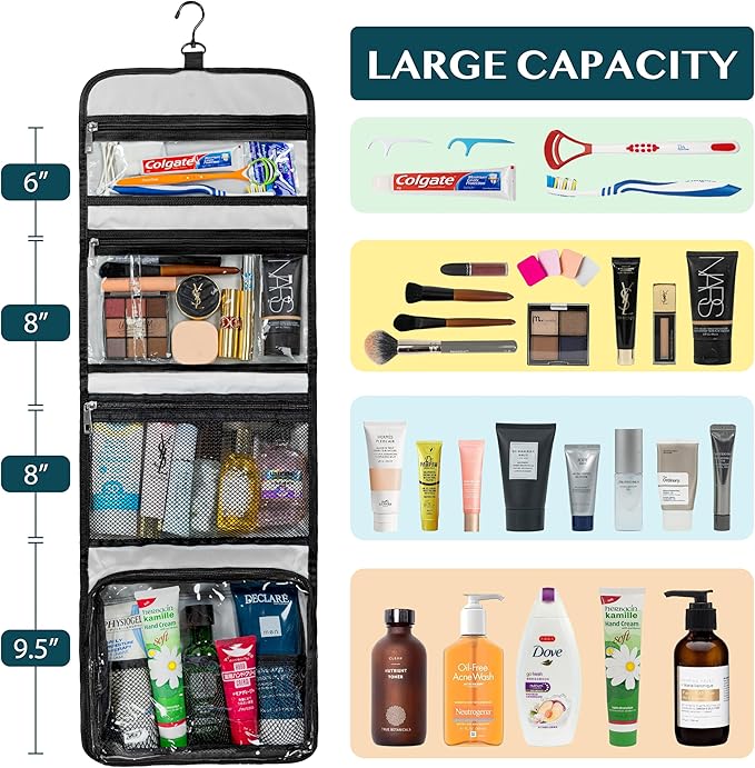 PAVILIA Travel Hanging Toiletry Bag for Women Men, Large Capacity Makeup Bag Kit, Waterproof Cosmetic Storage Organizer Case for Bathroom Shower