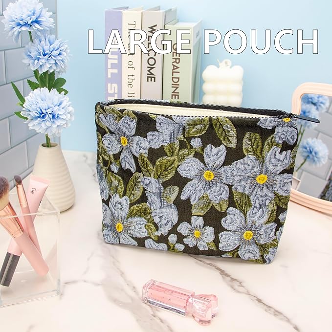 PAZIMIIK Makeup Bag Large Cotton Zipper Pouch for Purse Travel Canvas Make Up Organizer for Women Cosmetic,Brocade Flower Black