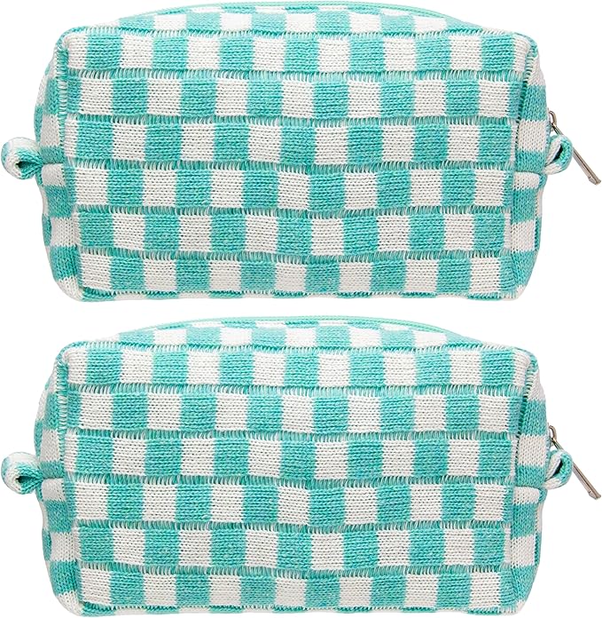 PAZIMIIK Checkered Makeup Bag for Purse Portable Zipper Make Up Pouch Small Cosmetic Case for Travel Accessories (2PCS Arctic Blue)