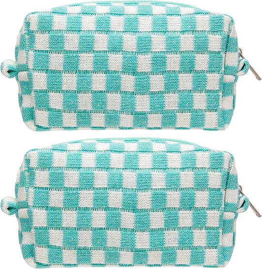 PAZIMIIK Checkered Makeup Bag for Purse Portable Zipper Make Up Pouch Small Cosmetic Case for Travel Accessories (2PCS Arctic Blue)