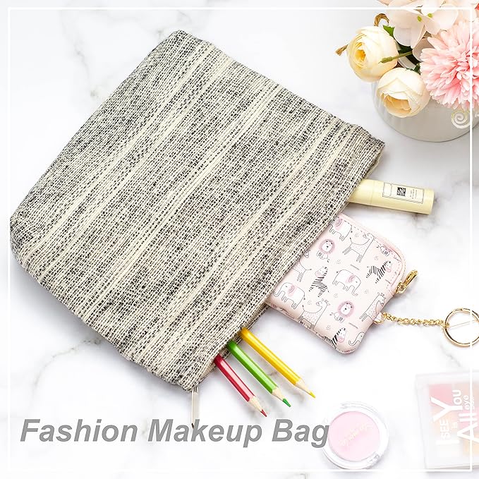 Makeup Bags for Purse Zipper Cosmetic Pouch Large Travel Canvas Make Up Organizer Tool Pouch for Women and Girls,Ripple Grey