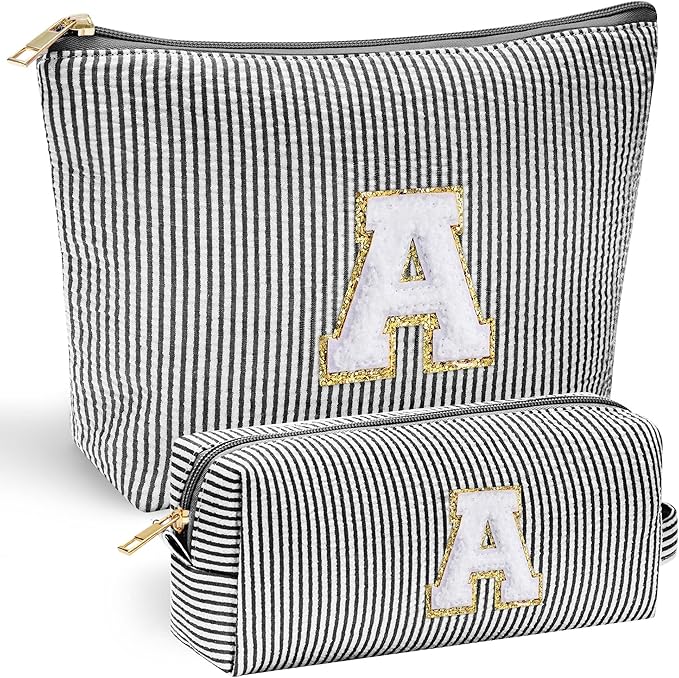 YOOLIFE Initial Makeup Bag - Personalized Monogrammed Travel Toiletry Bag, Perfect for Teens, Weddings, and Preppy Styles - Black