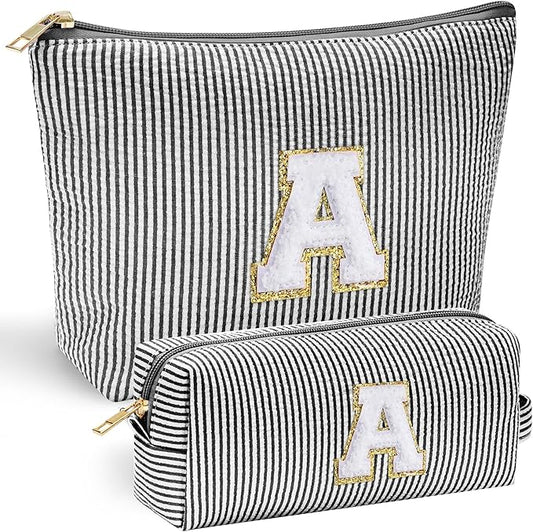 YOOLIFE Initial Makeup Bag - Personalized Monogrammed Travel Toiletry Bag, Perfect for Teens, Weddings, and Preppy Styles - Black