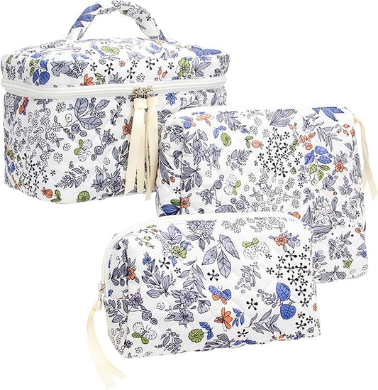 PAZIMIIK 3PCS Makeup Bag SET Large Travel Quilted Zipper Soft Cosmetic Case Pouch for Women Girls Make Up,Leaf White