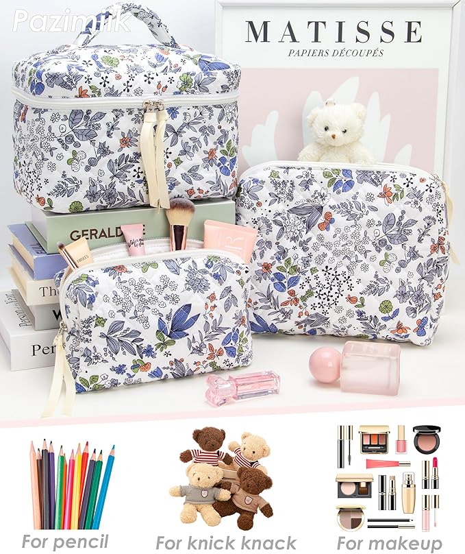 PAZIMIIK 3PCS Makeup Bag SET Large Travel Quilted Zipper Soft Cosmetic Case Pouch for Women Girls Make Up,Leaf White