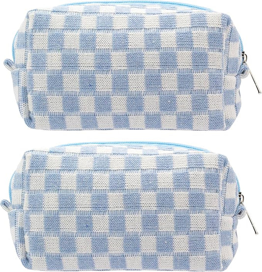 PAZIMIIK Checkered Makeup Bag for Purse Portable Zipper Make Up Pouch Small Cosmetic Case for Travel Accessories (2PCS Blue)