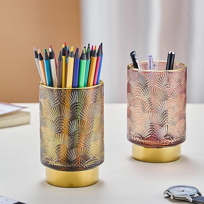 Makeup Brush Holder Organizer,Toothbrush Holders,Desk Pen Pencil Holder,Multifunctional Vintage Glass Brush Cup（A41-5-US）