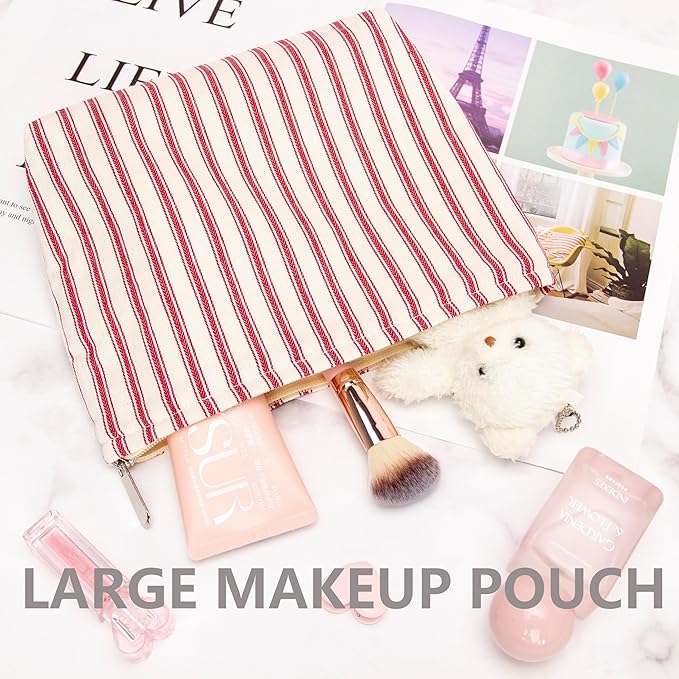 PAZIMIIK Makeup Bag Large Cotton Zipper Pouch for Purse Travel Canvas Make Up Organizer for Women Cosmetic,Vintage Stripe Red