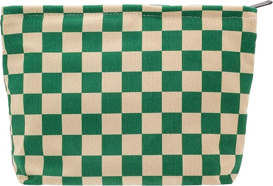 PAZIMIIK Makeup Bag Large Zipper Corduroy Make Up Pouch for Purse Travel Canvas Cosmetic Organizer for Women Brush Storage,Checkered Green
