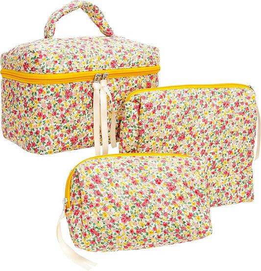 PAZIMIIK 3PCS Makeup Bag SET Large Travel Quilted Zipper Soft Cosmetic Case Pouch for Women Girls Make Up,Little Flower