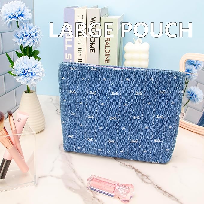 PAZIMIIK Makeup Bag Large Cotton Zipper Pouch for Purse Travel Canvas Make Up Organizer for Women Cosmetic,Jean Blue