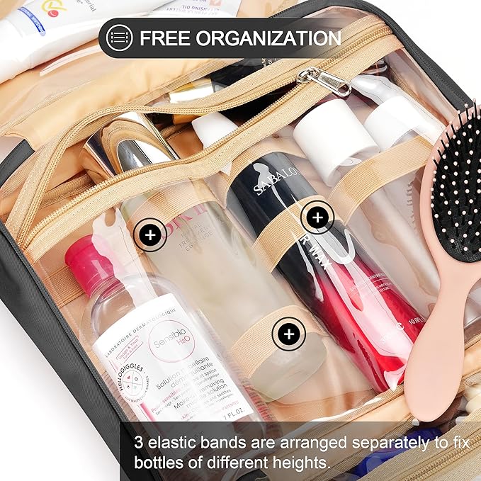 Travel Hanging Toiletry Bag for Women, Large Makeup Bag 8 Leak Proofing Silicone Bottle Covers, Waterproof Cosmetic Bag with Jewelry Organizer Compartment, Toiletries Kit Set, Black