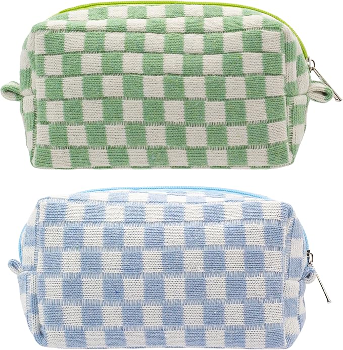 PAZIMIIK Checkered Makeup Bag for Purse Portable Zipper Make Up Pouch Small Cosmetic Case for Travel Accessories (2PCS Blue Light Green)