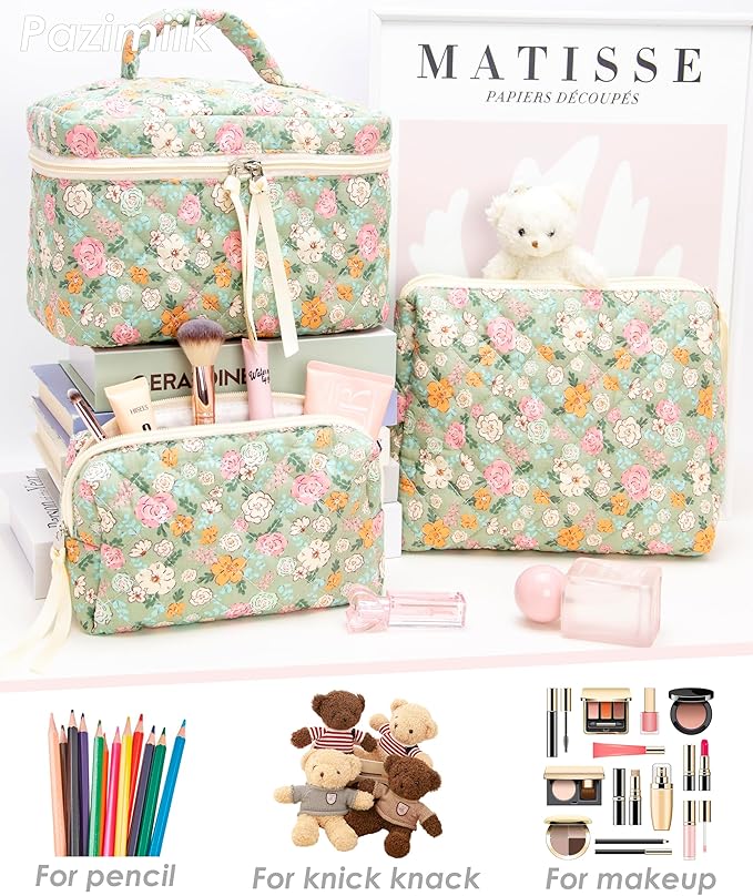 PAZIMIIK 3PCS Makeup Bag SET Large Travel Quilted Zipper Soft Cosmetic Case Pouch for Women Girls Make Up,Green Flower